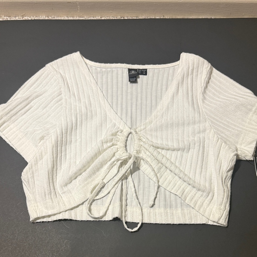 Volcom white Ribbed keyhole ring Front Crop Top